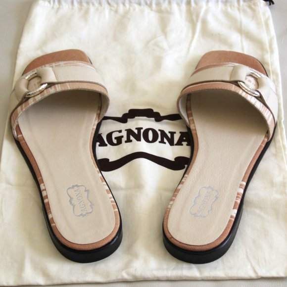 AGNONA Made in Italy Sandals Slides Flats Cream Leather Tan Canvas Size EU 38 - Picture 11 of 11